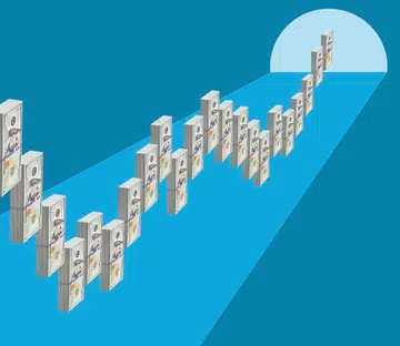 Many bundles of US $100 bills in bar graph pattern leading to archway in illustrated blue background