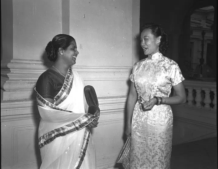 (From left) Mrs Vilasini Menon (independent) and Mrs Elizabeth Choy (nominated) are Singapore's first women Legislative Councillors, 17 April 1951.