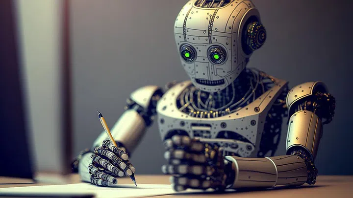 Chatgpt bot writing answers with pen on paper, Generative AI