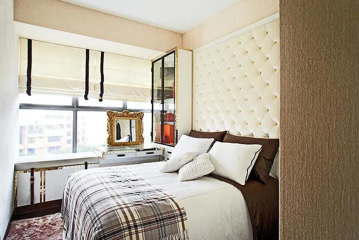 luxury, tufted headboard, gold accents, chanel inspired