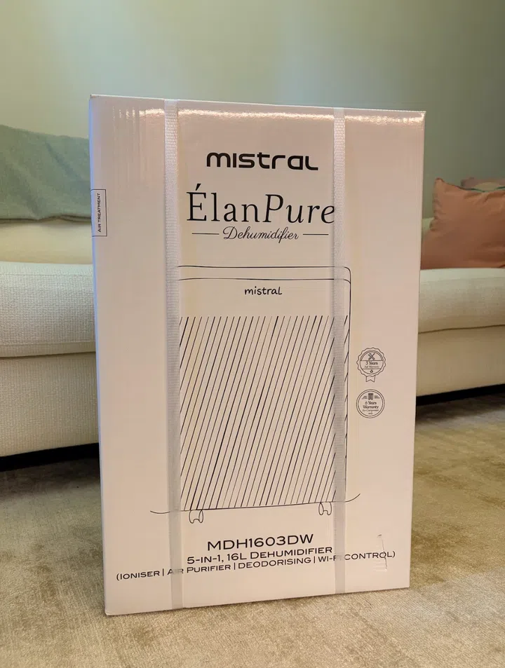 Mistral ÉlanPure 5-in-1 Smart Dehumidifier & Air Purifier (product code number MDH1603DW) in its delivered box.