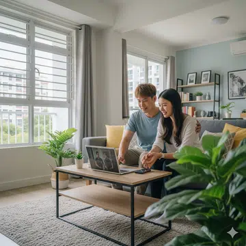 An Asian couple looking at a laptop in a 4-room BTO living room.