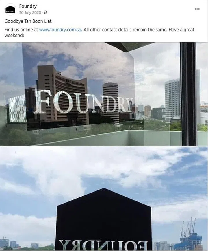 Facebook screengrab of Foundry's Tan Boon Liat Building store closure on 30 July 2020.