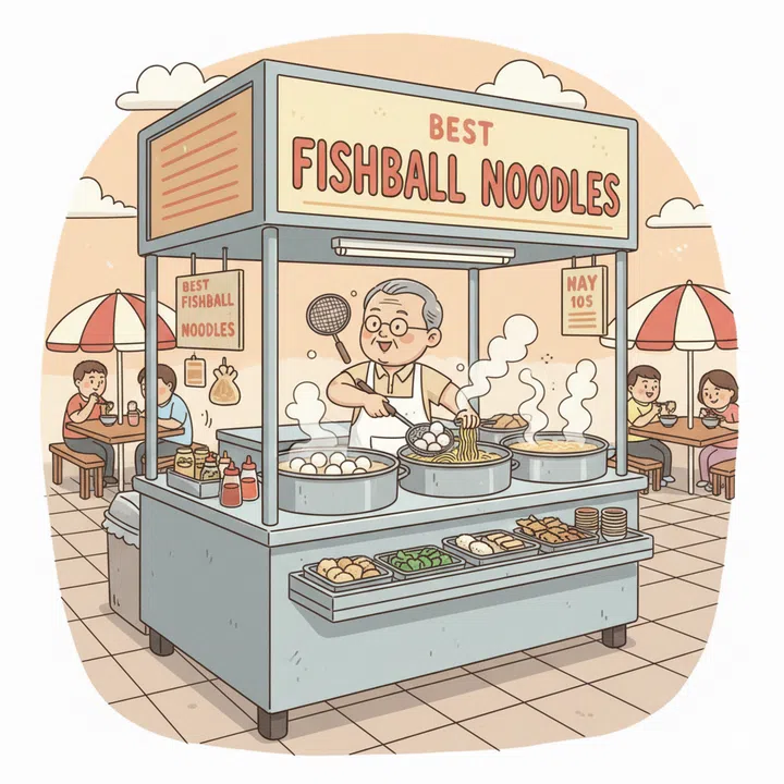 A drawing illustration of a fishball noodle hawker stall with an uncle cooking.