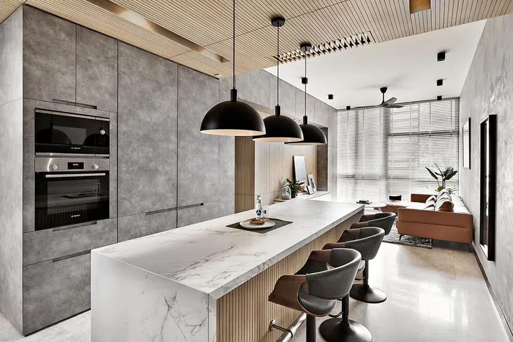 Kitchen island with dining chairs for this apartment within the D'Dalvey condominium. 