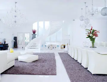 living room, chandelier, white, stairs, carpet