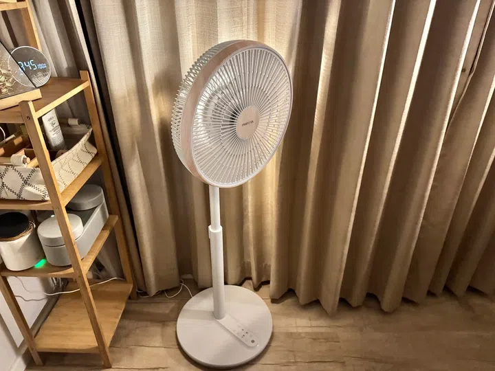 Minimal white and wood accent design on the Mistral Greenleaf III standing fan.