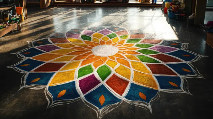 An intricate kolam or rangoli design created with colored powders on the floor.
