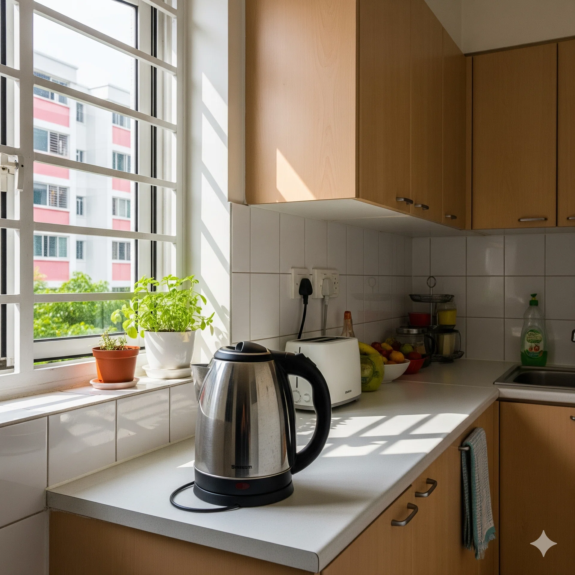 An electric kettle on a kitchen countertop in a HDB kitchen in Singapore.