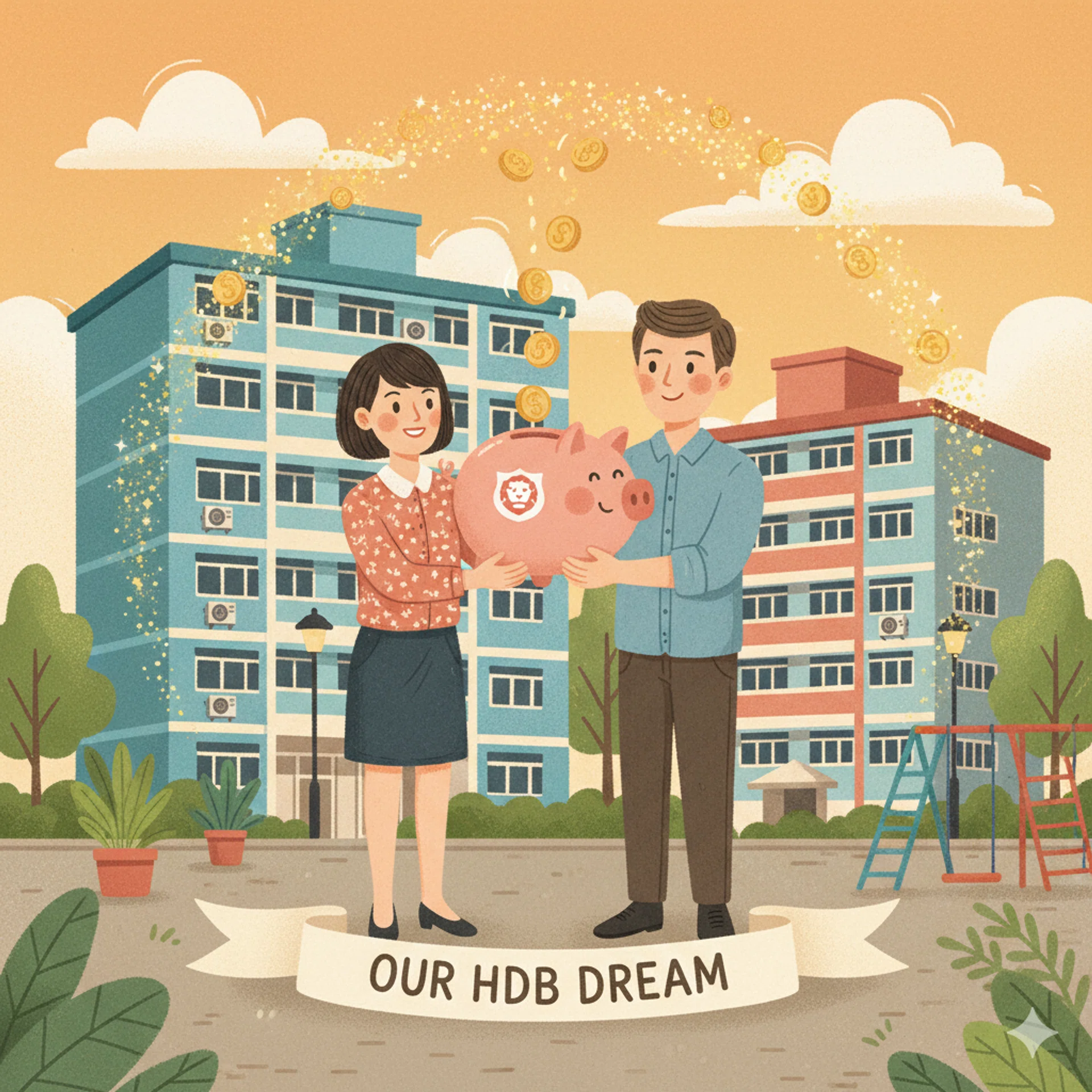 A drawing illustration of a Singaporean couple holding a piggy bank in their hands standing in front of a HDB block.
