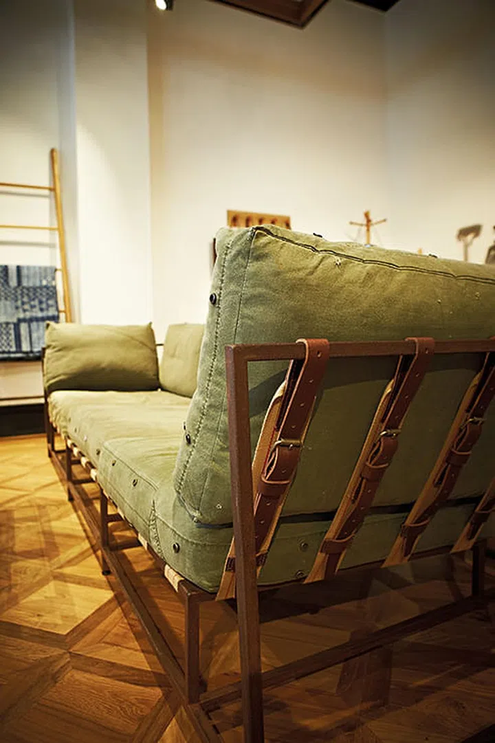 A close look at the Stephen Kenn sofa made from duffle bags, from his Inheritance Collection.