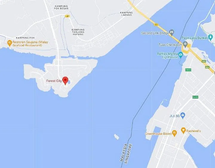 Forest City Johor Bahru is a 15 minute drive from the Second Link checkpoint. Screengrab of Google Map.