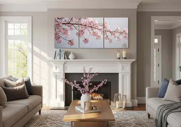 Cozy living room with two beige sofas, a wooden coffee table, and a large cherry blossom artwork above a white fireplace