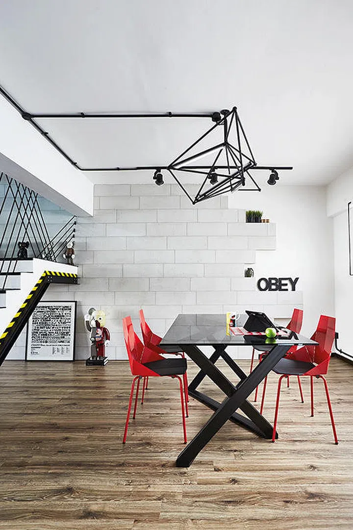 geometric, dining room, interior design, room decor, hanging pieces