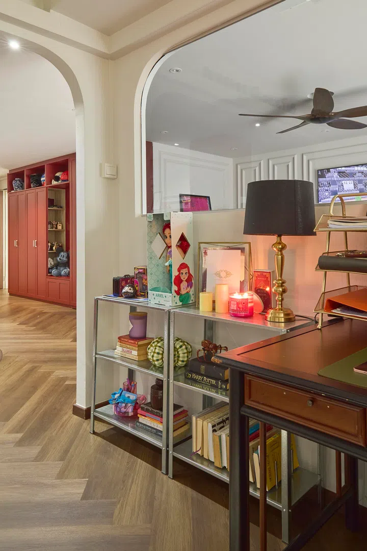 Used as both home office and studio, the room supports the couple’s business, content creation, and everyday creative work.
