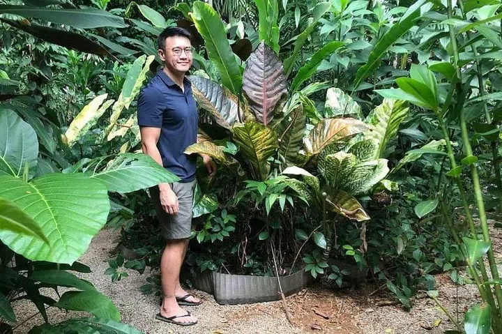 Mr Russel Low tending to his large collection of various plants in his home in Bukit Timah. ST PHOTO: ARTHUR SIM
