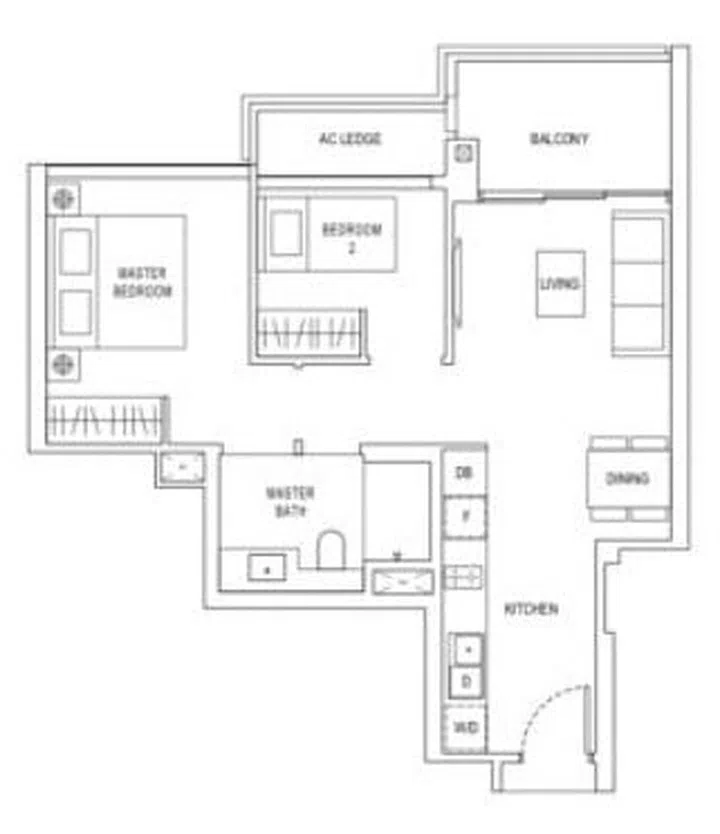Jadescape condo floor plan for 2-bedroom type B1 spanning 60 sqm or 646 sq ft. Image from official Jadescape website