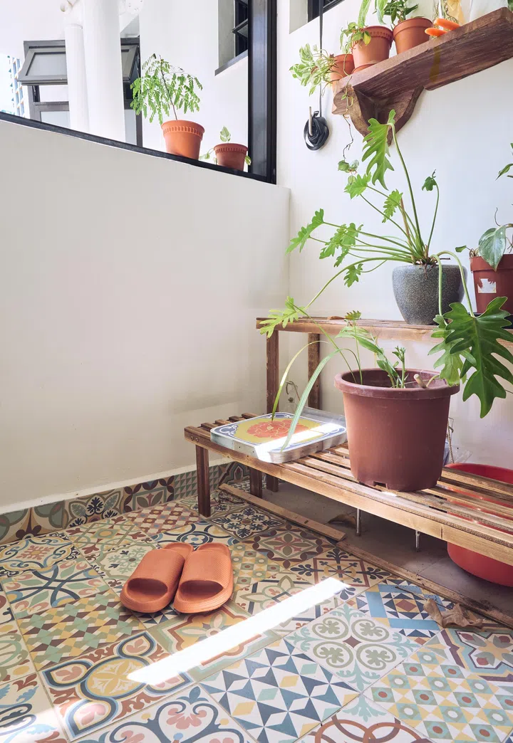 The peranakan tiles fit their desired theme of colourful and eclectic decor.