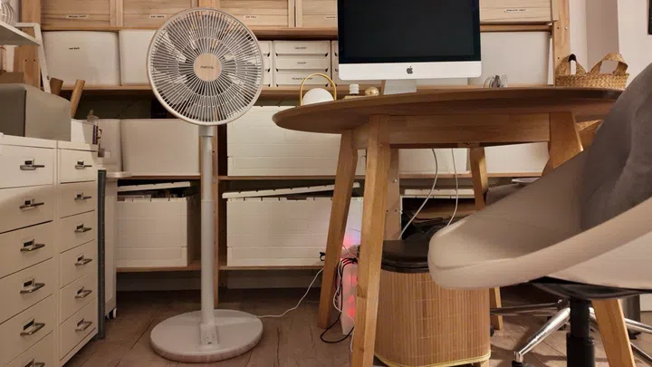 Our Mistral Greenleaf III standing fan is stationed perfectly in our home office.