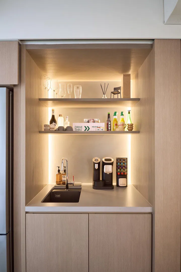 A home bar in a couple’s 4-room BTO (1,001 sq ft) in Punggol.