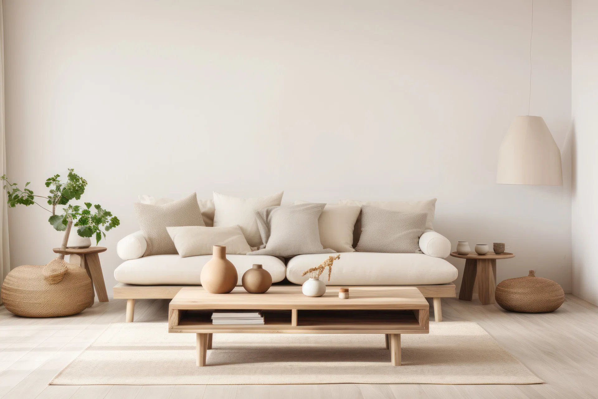 Warm Scandinavian living space interior featuring a plush sofa adorned with pillows, wooden furniture, ceramic vases, and organic accents against a neutral backdrop.