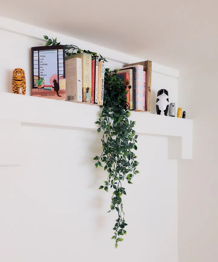 Plants on wall-hung shelves in a 5-room HDB flat in Yishun, designed by Homely Matters Pte Ltd.
