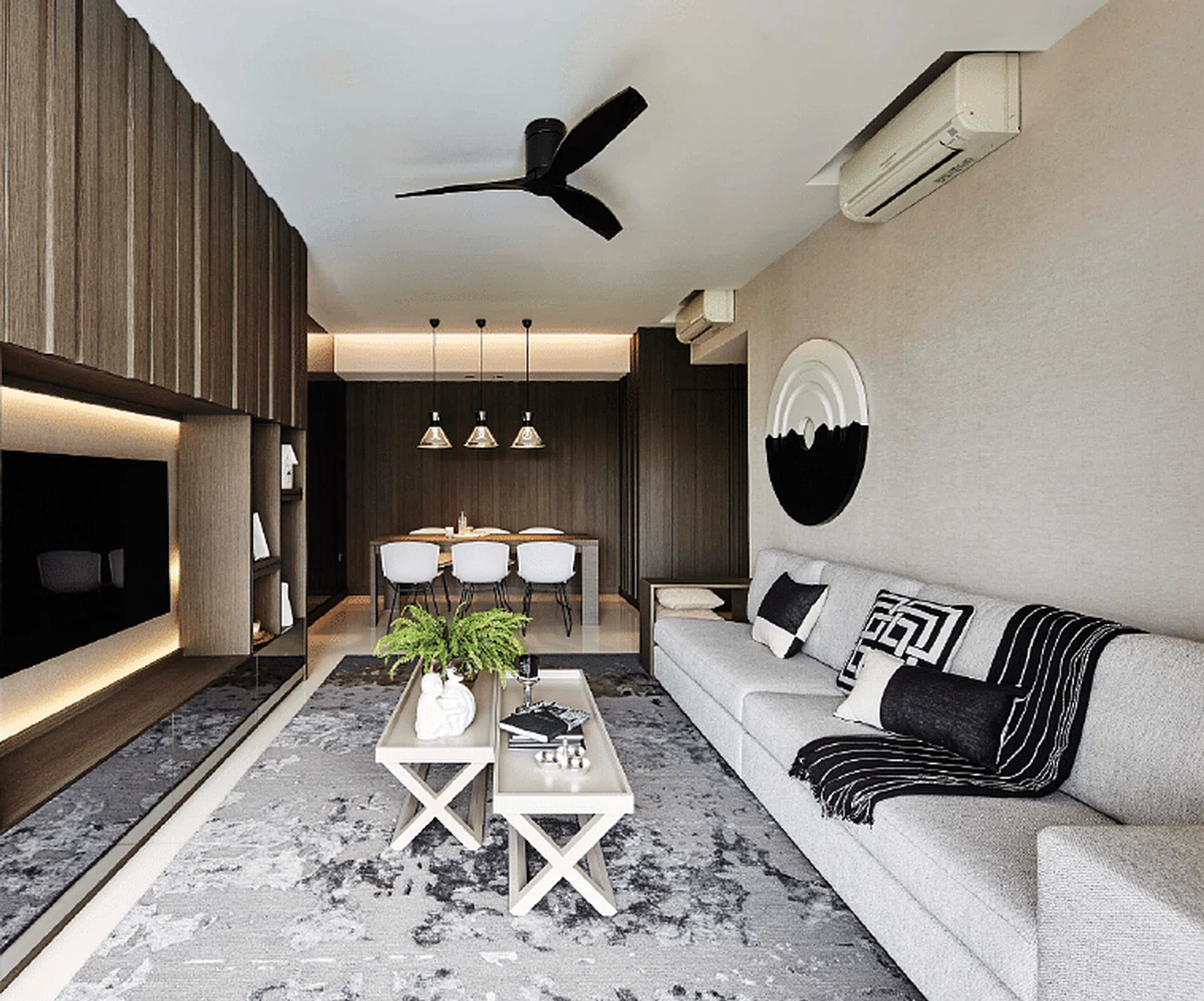 contemporary interior design of a condominium living and dining room