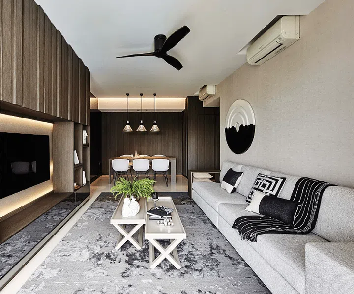 contemporary interior design of a condominium living and dining room