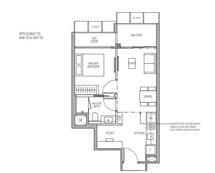 The Myst 1-Bedroom + Study (Type A1Sa) 48 sqm floor plan.