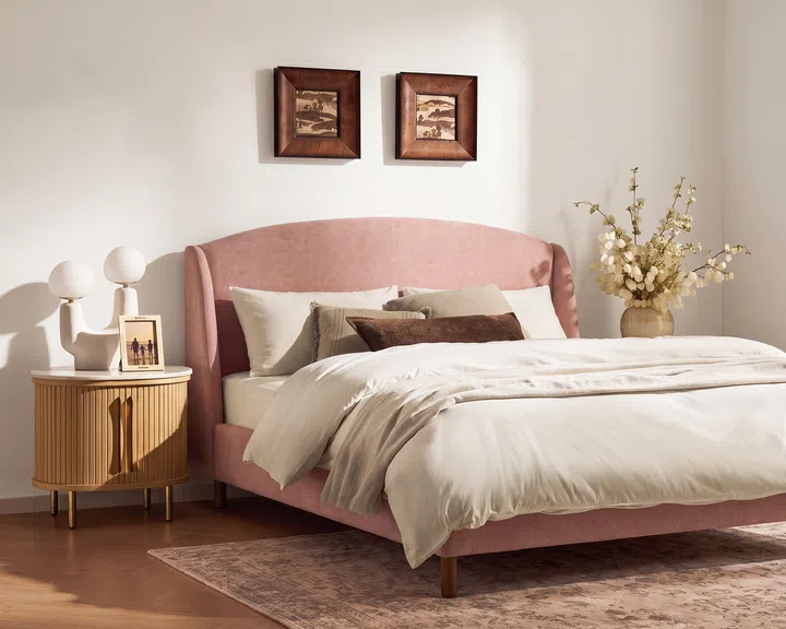 Castlery Queen Size Miya Bed Frame in Dusty Rose.