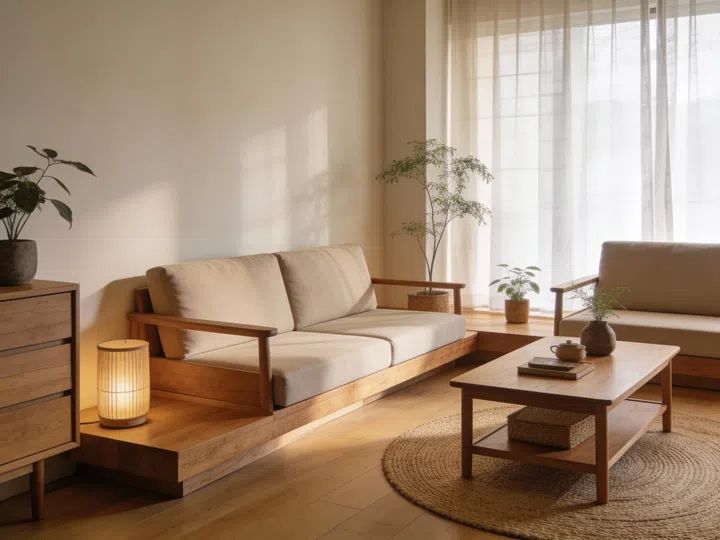Interior of a living room with a sofa, coffee table and plants.