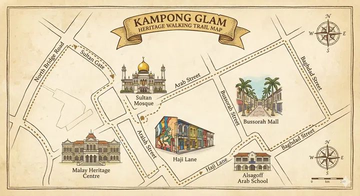 A drawing illustration of the kampong glam heritage walking trail map.