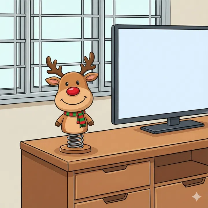 A cartoon drawing of a bobble-head reindeer Christmas figurine.
