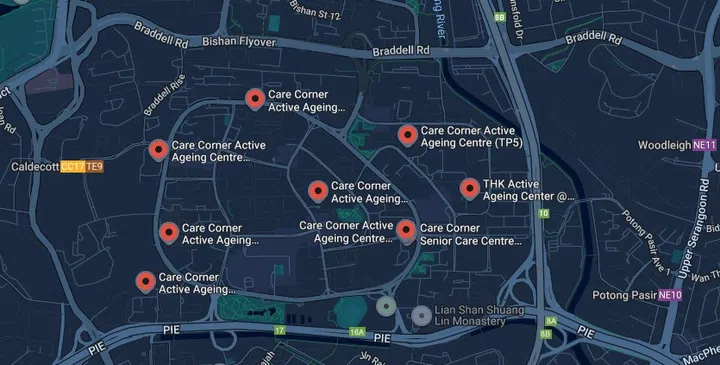 Google Map showing active ageing centres in Toa Payoh.