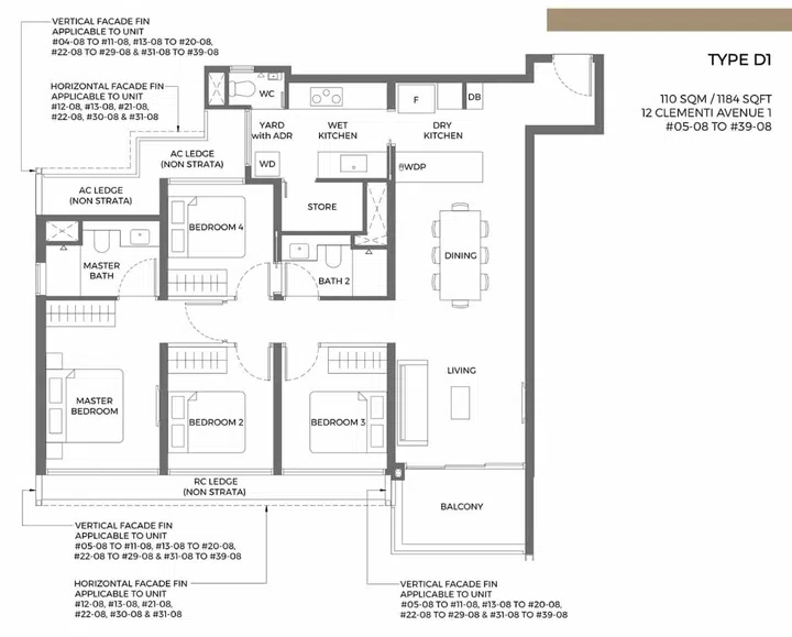 ELTA Clementi 4-bedroom (type D1) floor plan.
