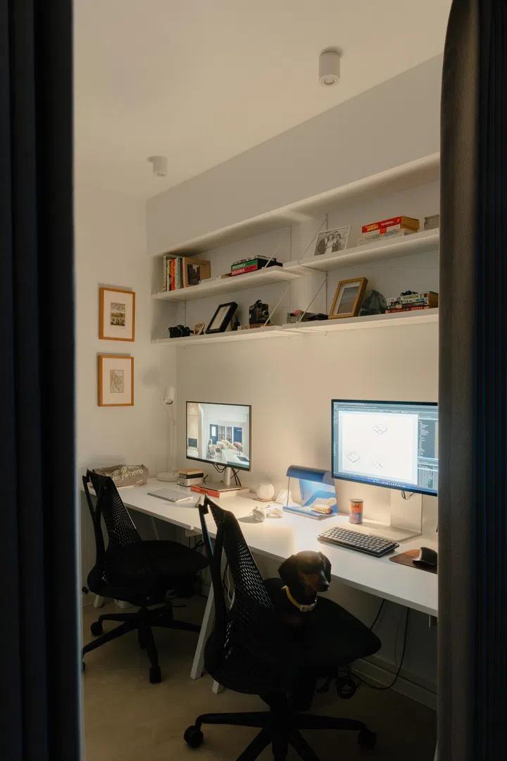 Home office in architect Carnation Kng and her Portuguese husband, Lourenço Vaz Pinto’s 4-room resale HDB at Dawson Road.