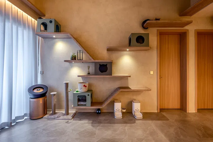 Elevated pathways and enclosed retreats encourage natural feline behaviour while blending seamlessly into the architecture.