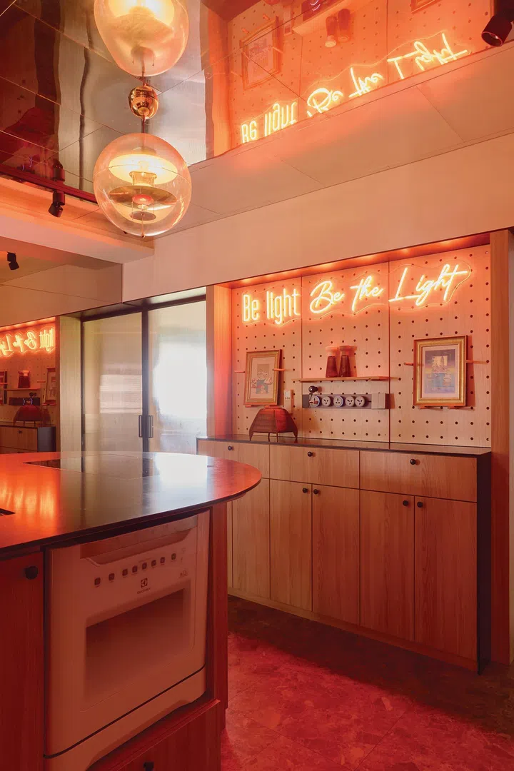 Pegboards in the dining room in architect interior designer Winston Lim (of Winstudio)’s 3-room HDB in Pasir Ris.