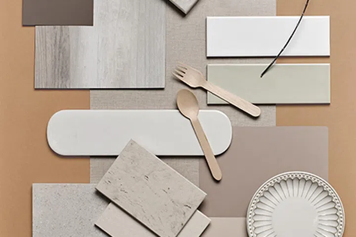 Tiles and laminates from GF+A, Formica, Hafary, Tak, Catalyse, Cosentino. Plates from Lovera. Wall paints Tulip White 30069; Swansdown 30116; Magnolia 30063 from Dulux.
