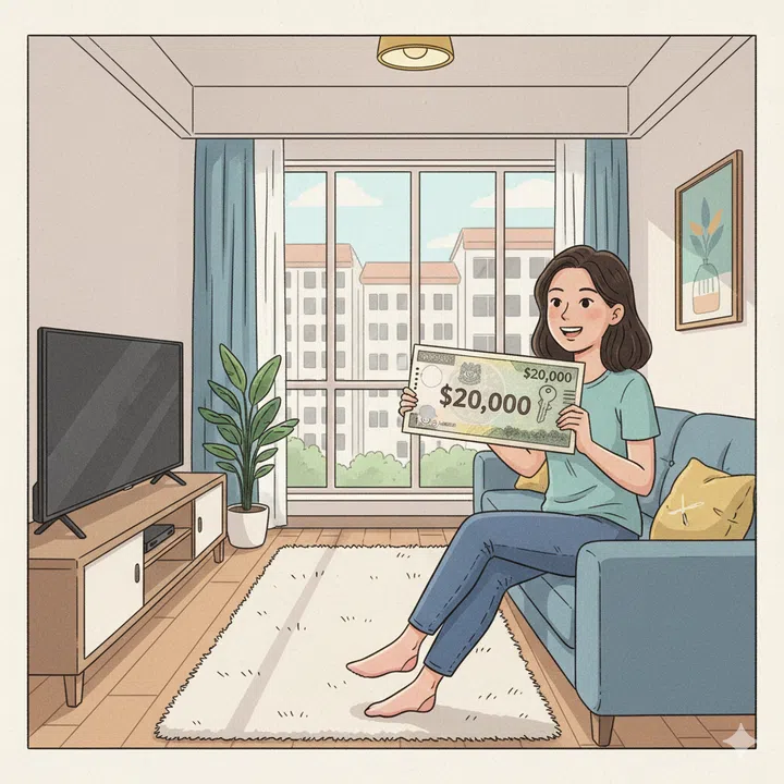 An illustration of a woman holding a $20,000 bank note, sitting comfortably in an HDB living room.