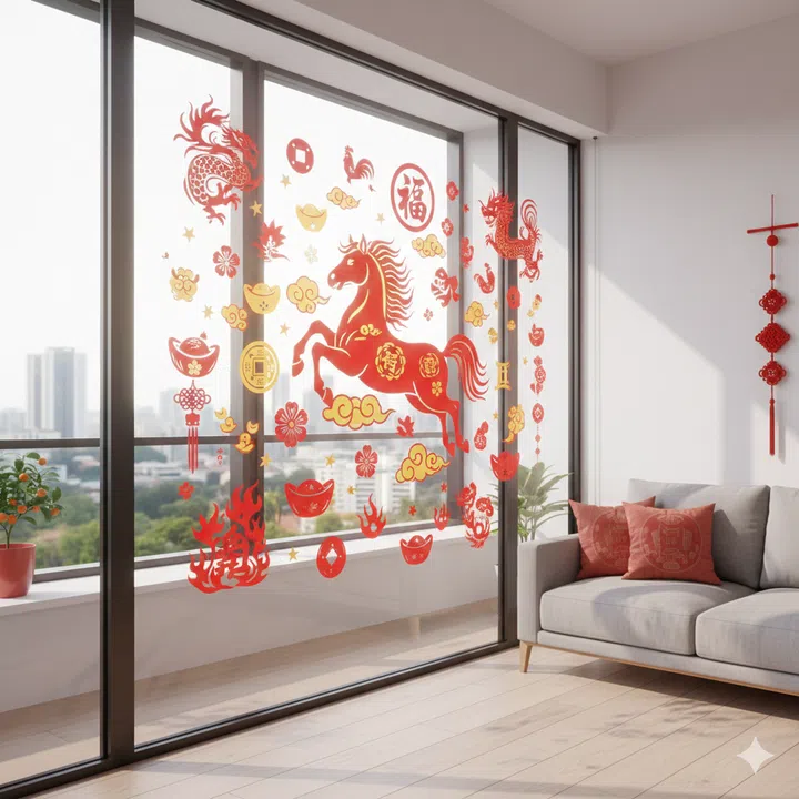 Magnetic Horse zodiac window decals in the windows of a living room of an apartment.