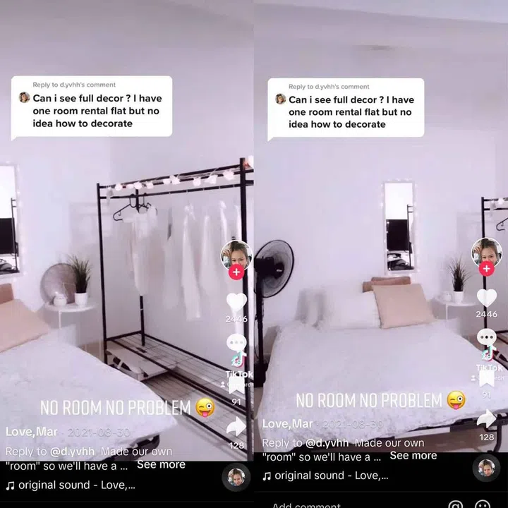 Tiktok Account Love Mar showcases their HDB Rental Flat Renovation and home decor interior design journey. Screengrabs.