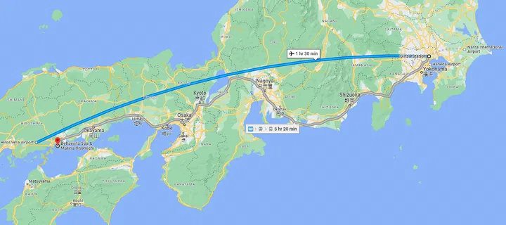 Bella Vista Spa Marina Onomichi is 1.5 hours flight from Tokyo, Japan. Map view of the journey.