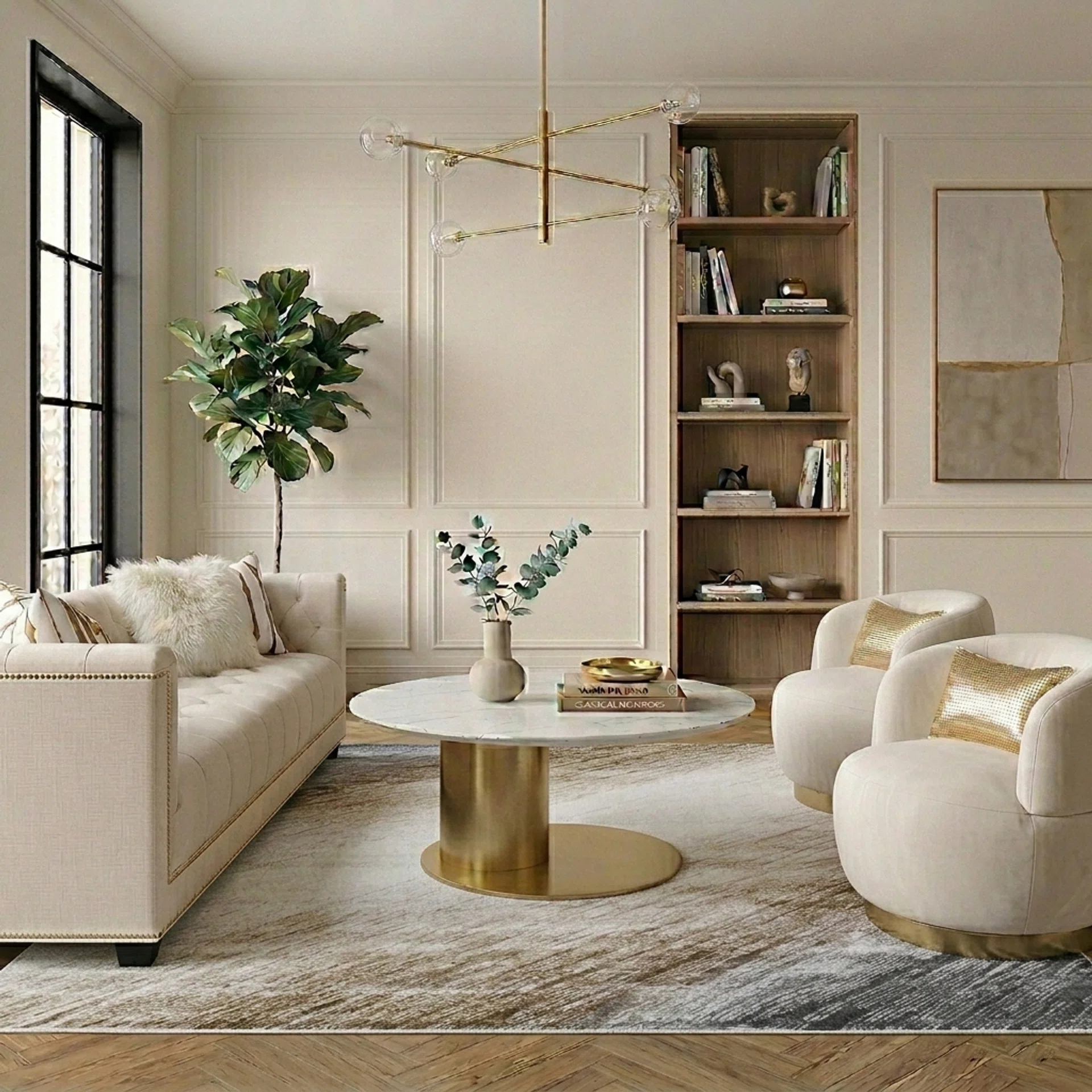 Finn Avenue furniture store’s Duchess Sofa, Le Nouvel Coffee Table, Infiniti Armchair, Avignon Rug.