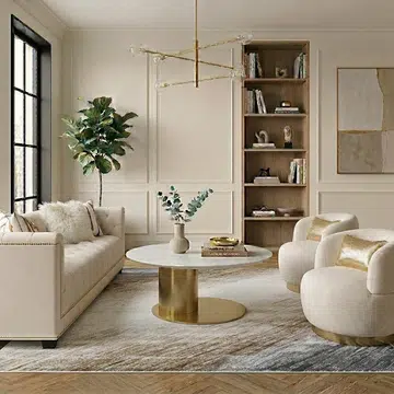Finn Avenue furniture store’s Duchess Sofa, Le Nouvel Coffee Table, Infiniti Armchair, Avignon Rug.