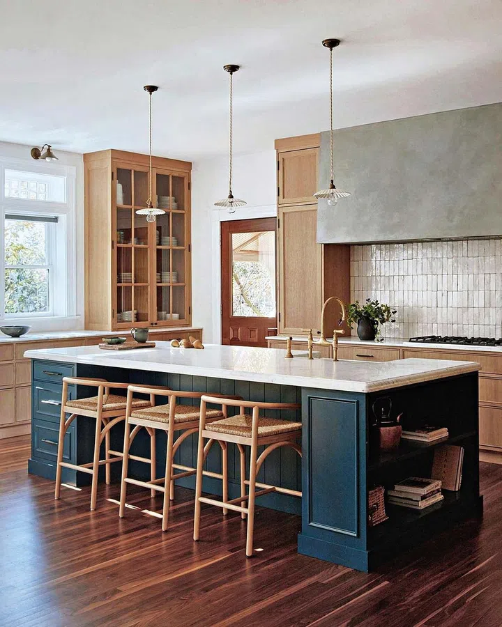 Kitchen island pendants by DeVol - Large Narrow Pleat Porcelain Light and Holden stools by Ballard Designs.