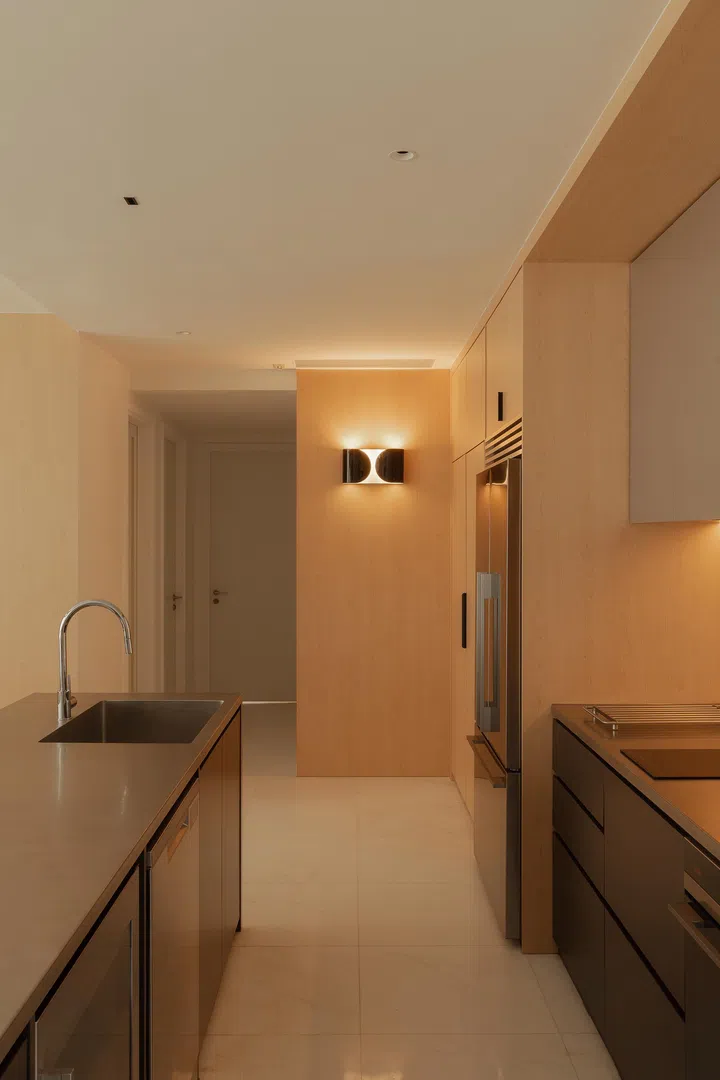 A streamlined kitchen corridor enhances flow and symmetry, with warm light accentuating the grain of its timber cabinetry.