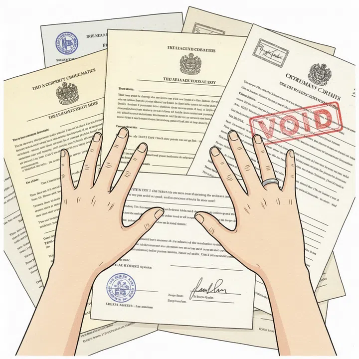 An illustration depicting two hands apart with property documents in the background.