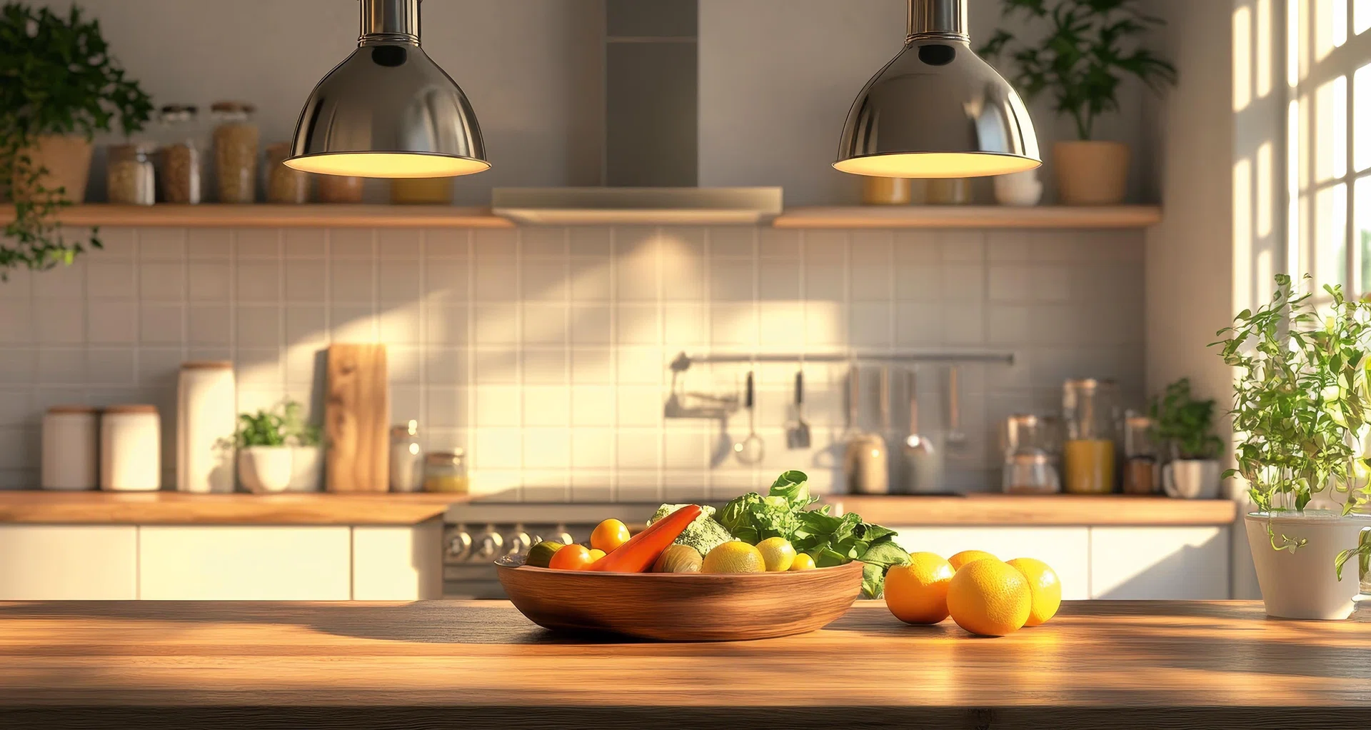 Stunning modern kitchen interior featuring a large wooden island and cozy ambient lighting