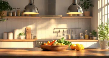 Stunning modern kitchen interior featuring a large wooden island and cozy ambient lighting